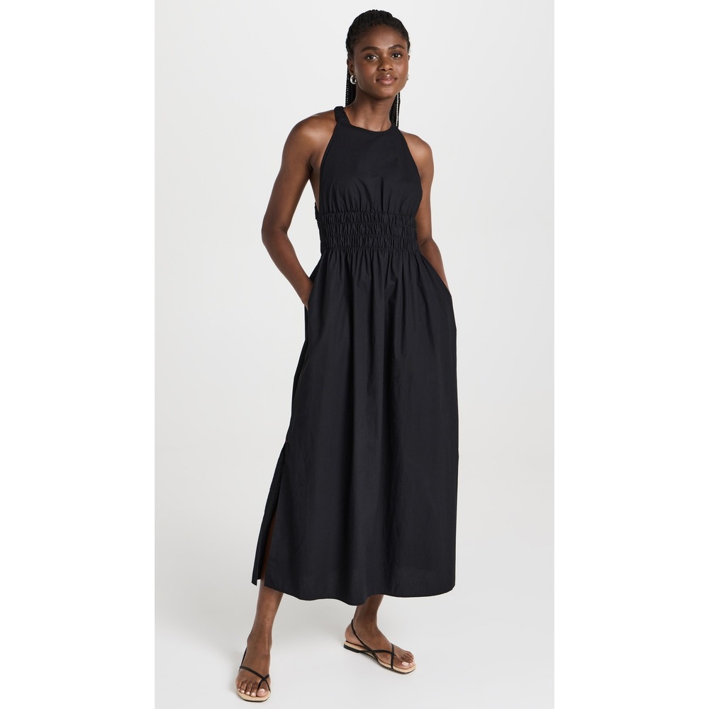 Xirena Tove Black 100% Cotton Poplin Smocked Waist Crisscross Back Maxi Dress M